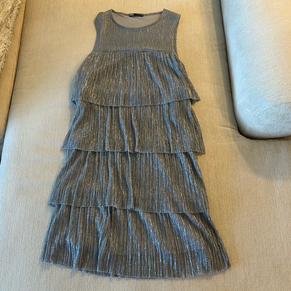 Zara Silver Tiered Ruffled Dress, Size M